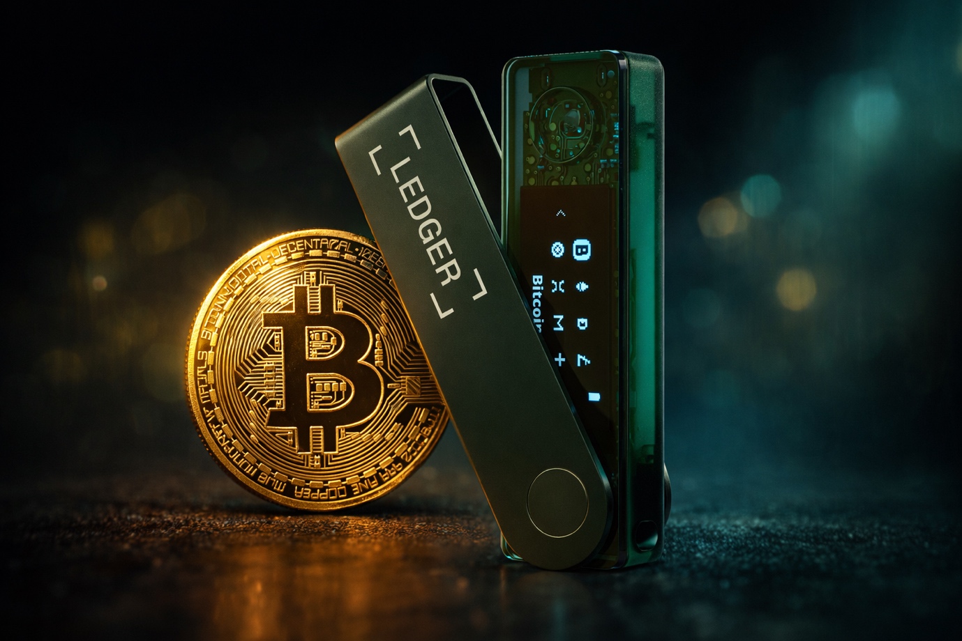 A bitcoin coin next to a green device

Description automatically generated
