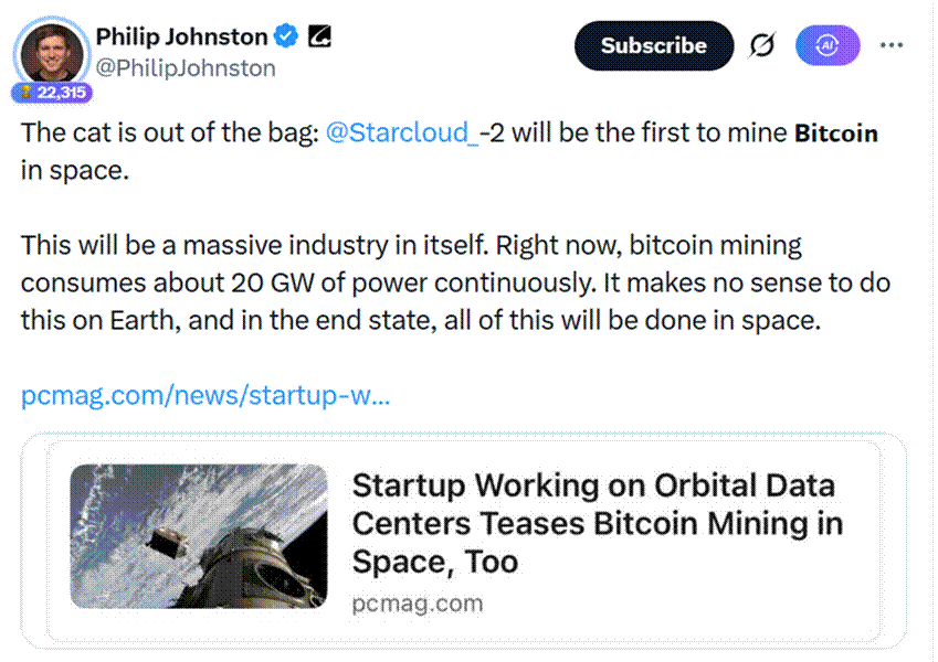 Title: Philip Johnston's X post about Starcloud-2 mining Bitcoin in space - Description: Philip Johnston's X post about Starcloud-2 mining Bitcoin in space